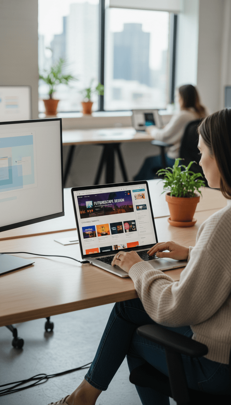 Web designer reviewing website designs on laptop